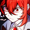 mizerable: an icon of diluc from the genshin impact manga; he has long red hair and is glaring at the viewer (don't test me)