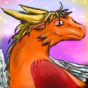 dreamdragon: A orange furred dragon with white feathered wings and sungold horns, soft yellow mane and deep red belly, looking towards the righ side. In a gentle, abstract cloudy background filled with pink, purple, white and yellow. (Default)