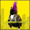 qim: This is a black tuxedo cat with a fuschia mohawk and a bedazzled black leather jacket with the text "Cyberchunk 2077" over it. (Default)