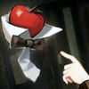 missvivisx: official art of Mr APPLe from Reverse 1999; someone is pointing at a floating red apple with a bowtie on (r99: it's you shithead!)