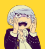 alogical: Yu Narukami from Persona 4 is holding his own head in shock or frustration on a yellow background. (yu)