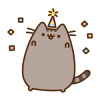 sweettartheart: Pusheen the grey cartoon cat wearing a party hat and surrounded by confetti (Festivity Pusheen party hat)