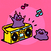 javert: two dittos dancing to music, one sitting on a yellow boombox (pkmn ditto party)
