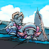 javert: eusine and lyra crouching side by side to peer down a hole in the burned tower (pkmn eusine hole)