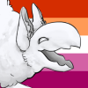summertide: Beep, a white, monochromatic monster OC, has its curved parrot-like beak open in delight! It is posed behind a lesbian flag. (Default)