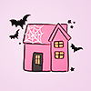 yarnofariadne: an illustration of a small pink house with black bats flying around it (misc: in the dark we dance together)