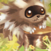 tailbiter: A fluffy Zigzagoon seated behind a short tree stump, resting its forepaws on it like a little table, blades of grass and dandelions cutting in. (Zigzagoon)