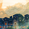 unavee: bright beige sky with dark skyline of houses underneath (haunted houses)