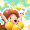 supermario128: An edit using official artwork of Daisy. Daisy has her arms up in the air with a smile on her face. A thin white border is around her. The background is teal with hexagons peppered throughout ranging from the colors gold to white. (happy)