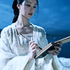 sakanawords: picture of a woman in historical chinese dress writing with a brush (fof-wen-xiao-writing2)