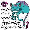 sweettartheart: Turquoise Cheshire cat with purple stripes grins over some jumbled writing advice (100words write and then stop)