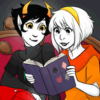 abyssal_sylph: Kanaya and Rose are on a red with brown couch, reading a book with the HS quadrants symbols on it, both look very happy. (rosemary reading (homestuck))