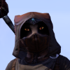 faealchemist: A vampiric Khajiit, wearing a Thieves' Guild hood and mask, red eyes glowing in the darkness. (Kharaya-do)
