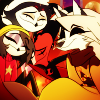 militarypenguin: Octavia, Stolas, Blitz, and Loona all smiling as they huddle for a group hug, from Helluva Boss. (HB - Sinsmas family)