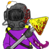 impostor_syndrome: A chibi Lethal Company character with tentacles coming from their elbow and a bloodied yield sign. They're wearing a small egg-shaped hat on their helmet and a purple hazmat suit. (humanoid | more violence)
