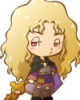 hexenprinzessin: A chibi illustration of a youthful witch with light skin and long curly blonde hair. Her expression is a little smug, with half-closed eyes and a pouty mouth. She is holding a teddy bear by one paw. (witch princess)
