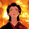chacusha: Akemi from Blue Eye Samurai with orange flames behind her (the world is burning)