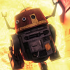 independence1776: The droid Chopper in front of an explosion (Chopper from SW Rebels)