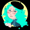 katzenfabrik: A cartoon person with long, curly, turquoise hair and a hesitant expression, wearing a black beret and glasses, and holding a steaming cup of tea. (villainousfriend)
