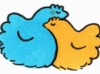 labelleizzy: cartoon of blue and yellow chickens, cuddling (sleepy)