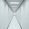 wenchpixie: a bright white featurless corridor from the TV show Severance (severance corridor)