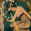 yarnofariadne: illustration of a woman kneeling with a halo of lights around her head. one gold light shines brilliantly from her head. (misc: stardust falling off your clothes)