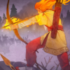 sheliak: The fire-haired goddess Osara shoots an arrow at a distant army. Her spear lies at her feet. (Osara)