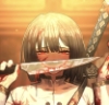 frauleinnachtigall: an image of ryōshū from limbus company as her chef de cuisine i.d., she holds up a knife in front of her face with a bloodstain in the pattern of a smile. (Default)