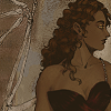 yarnofariadne: a brown-skinned fallen aasimar woman with long curly brown hair and solid gold eyes looks to the side. she wears a low cut black dress with a single pearl strand strap. her skeletal wings stick out from her back. (game: living in the name of)