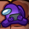 impostor_syndrome: A purple Among Us bean-person sitting on a couch holding a glowing rectangle (mobile device). (bean | couch)