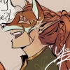 autumnsrunaway: From the side profile, a man in a fox mas with lovg red hear braided and pulled back smiles as he talks. from this angle a scar from brow to aw is visible where the mask isn't covering. (haughty)