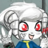 itsem: A chibi albino deathclaw, wearing a blue vault suit with a red ribbon on one horn. (rosie)