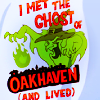 likealighthouse: a closeup of a shirt from Scooby Doo and the Witch's Ghost. it has a green sheet-like ghost with the words 'I met the ghost of Oakhaven (and lived)' (witch's ghost)