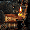 pianogurl330: Black cat in a stack of books with a candle lit and flickering. (Books 🕮 Cat in the stacks)