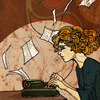 cyare: A woman writing on a typewriter as papers fly around her (Art: Writing flying paper)