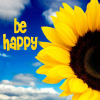 cyare: A sunflower with the sky in the background. Text says: Be happy (Text: Happy)