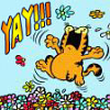 cyare: Garfield running through a field of flowers. Text says: YAY!!! (Text: Yay!!!)