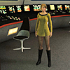 anghraine: A female version of Kirk from Star Trek made in Star Trek Online; she is a curvy woman wearing the TOS miniskirt in command gold with knee-high dark boots; she has dark blonde hair and the bridge computers of a Federation starship are glowing behind her (jessica [full])