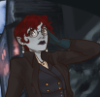 thevagabondexpress: picrew of a blue-skinned faerie with black eyes, short red curls, and big glasses (Default)