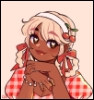 fitia: A cartoon digital drawing of a smiling black woman, with pink hair in two braided side-loops tied with ribbons. She is wearing a checkered pink top with puffed sleeves. She is smiling kindly at the viewer. (Default)