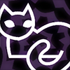 daekie: A cat in a minimalist style. Its outline and eyes are white, and the rest of it is transparent. The background is black, with a jagged purple spiral on it. The spiral is visible through the cat. (fel: catalyst)