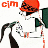 cimorene: drawing of a flapper in a red cloche hat leaning over to lecture a penguin (listen up)