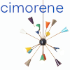 cimorene: Vintage light fixture with arms ending in rainbow colored cone-shaped shades radiating spherically from a small black ball (stilnovo)