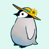 thrilleddumpling: A drawing of a baby penguin wearing a wide brimmed summer hat with a yellow flower on it (F: SWR Hera)