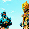 likealighthouse: hotaro and kaguya in their kamen rider suits, standing side by side. hotaro looks at kaguya with his arms crossed and head tilted (hotarokaguya)