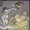 petra: A cartoon of a grumpy muse breaking a table right in front of a guy (Oglaf - Muse)