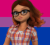 gremdark: A screenshot of Alya Cesaire's s1-5 character model laid over the bisexual pride flag. Her hair blows behind her. (Bi Alya)