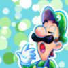 supermario128: An edit using official artwork of Luigi. Luigi is in the middle of a yawn. A thin white border is around him. The background is blue with circles peppered throughout ranging from the colors green to white. (tired)