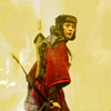 aurumcalendula: Quynh from The Old Guard in a red-ish outfit against a yellow background (Quynh)