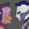 tallysgreatestfan: ID: A drawing in a detailed style of Entrapta (human looking brown woman with purple hair) and Hordak (bat-like alien) facing each other, closeup (Entrapta)